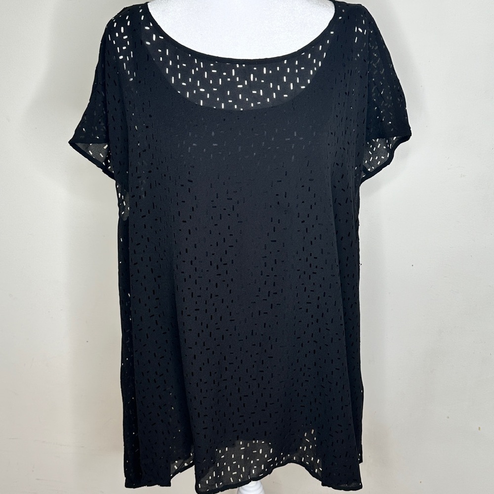 Eileen Fisher Confetti A Line Silk Laser Cut Blouse Size XL Blk
